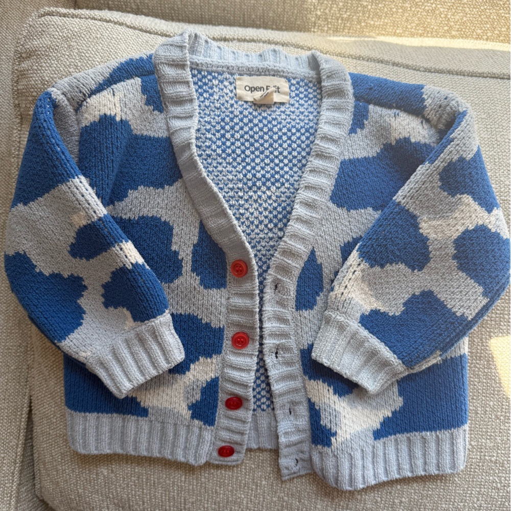Open Edit Blue and Gray Cardigan with Red Buttons